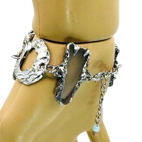 Artisan Sea Glass & Silver Cutout Boho Metalwork Bracelet w/ Adjustable Closure - Picture 5 of 12